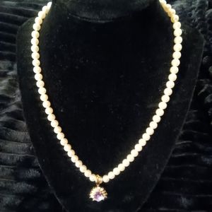 Pearl necklace with pink stone & diamond like smaller stones